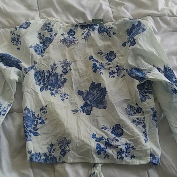 Wild Fable Blue White Crop Button Top - Picture 3 of 3